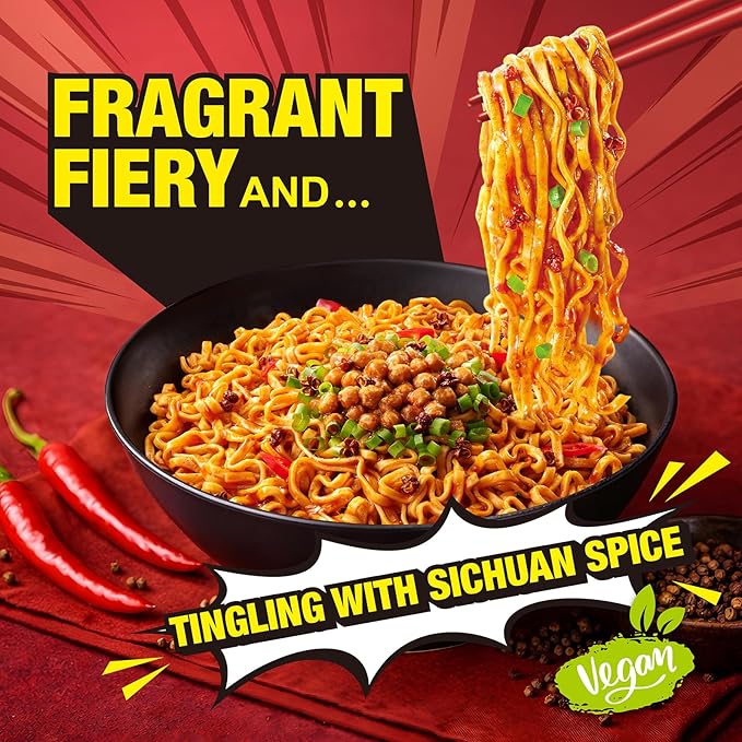 JWAY Sichuan Pepper Stir Fry Noodles Deep-fried Instant Ramen with Chili Oil Spicy Dry Tossed Noodles Real Vegetable Pack Rich Chili Flavor Quick &amp Easy Ready Meal 3.20 oz (Pack of 12)