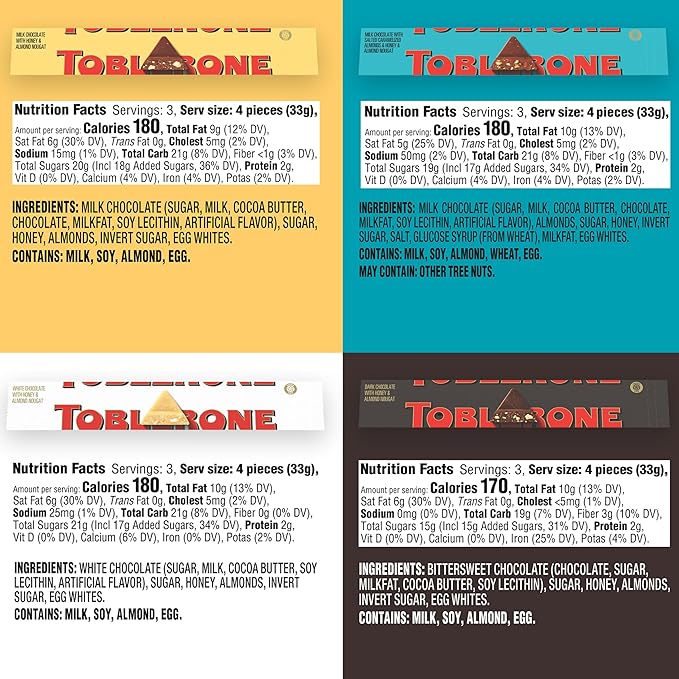 TOBLERONE Assorted Chocolate Bars Variety Pack (Milk Dark White &amp Salted Caramelized Almonds) Bulk Chocolate 12 - 3.52 oz Bars