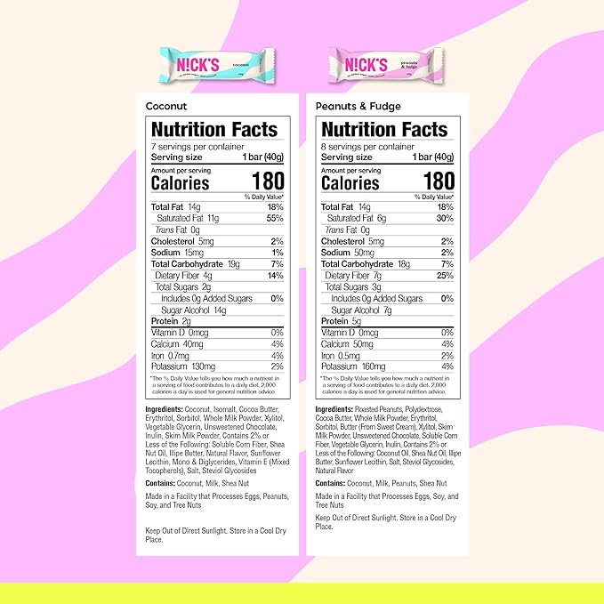 NICKS Keto Chocolate Candy Bars – Variety Pack Coconut and Peanuts and Fudge No Added Sugar Low Carb 180 Calories Gluten-Free Sweets – 15-Pack (40g Each)