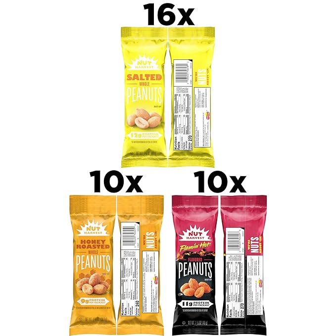 Nut Harvest 3 Flavor Peanuts Variety Pack Individual Bags (36 Pack)