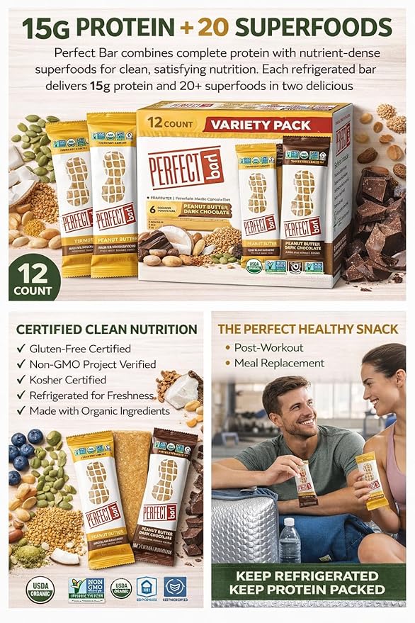 Perfect Bar Organic Protein Bars Variety Pack 12 Count | 15g Protein 20 Superfoods | Gluten Free Non-GMO Kosher | Healthy Refrigerated Snack Bars | Peanut Butter Dark Chocolate