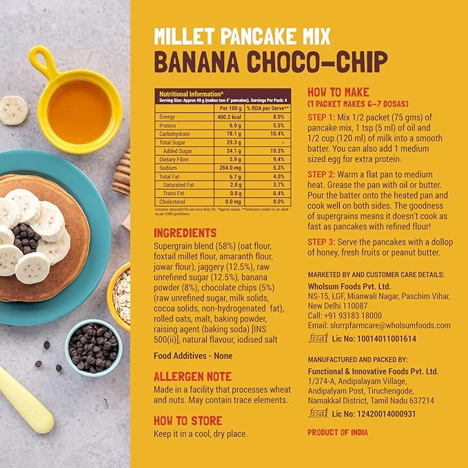 Slurrp Farm Millet Pancake Mix Combo | Banana Choco Chip Chocolate Blueberry &amp Classic | High Protein Breakfast for Kids &amp Adults | No Maida No Refined Sugar | 5.29 Oz (Pack of 4)