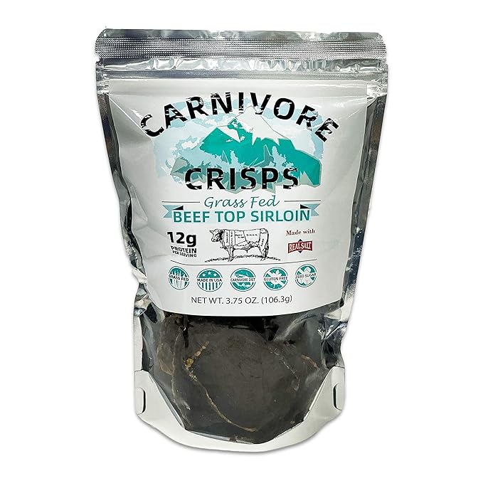 Carnivore Crisps Grass Fed and Finished Beef Top Sirloin Beef Crips High Protein Keto &amp Carnivore Diet Approved Gluten-Free No Hormones 3.75 oz (Pack of 3)