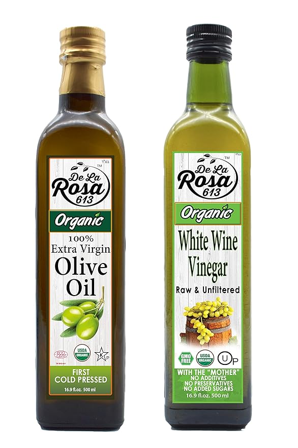De La Rosa Organic Extra Virgin Olive Oil &amp White Wine Vinegar 100% Pure Raw &amp Unfiltered Vegan Kosher Non-GMO &amp Gluten-Free Great for Salads Dressings Marinades and More 16.9 Oz (