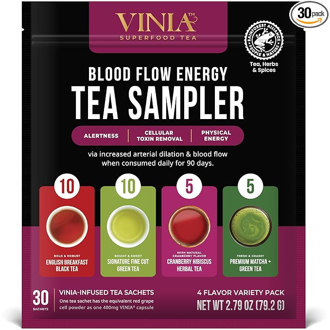 VINIA Tea Bags Sampler 4 Flavor Variety Pack. Made with Organic Teas Infused with Piceid Resveratrol for Heart Health Nitric Oxide Physical Energy Alertness Blood Flow Keto Kosher NON-GMO. 30