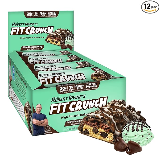 FITCRUNCH Full Size Protein Bars 6-Layer Baked Bar 7g of Sugar Gluten Free &amp Soft Cake Core (12 Bars Mint Chocolate Chip)
