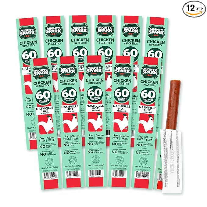 Mighty Spark Chicken Snack Sticks - Nashville Hot - 6g of Protein No Antibiotics No Hormones Gluten Free Soy Free Meat Sticks - High Protein Keto Snacks Weight Watchers Approved - 12 Count