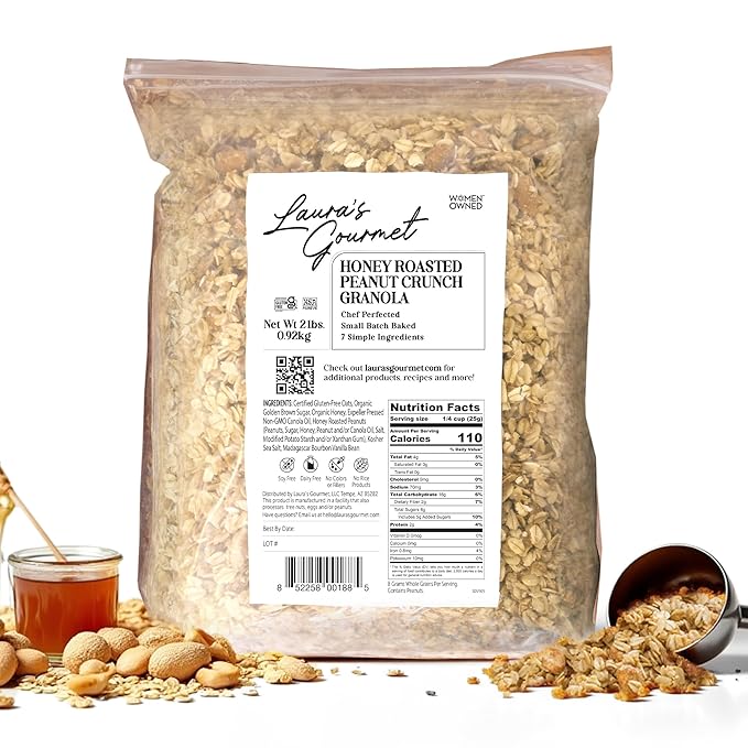 Laura's Gourmet Granola - Honey Roasted Peanut Crunch - Gluten Soy &amp Dairy Free - Organic Premium Honey Roasted Peanuts Artisan Chef's Trifecta of Taste Texture &amp Mouthfeel - 2 LB