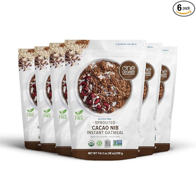 One Degree Organic Foods Sprouted Instant Oatmeal USDA Organic Non-GMO Vegan And Gluten Free Instant Oatmeal (Cacao Nib 6 Pack)