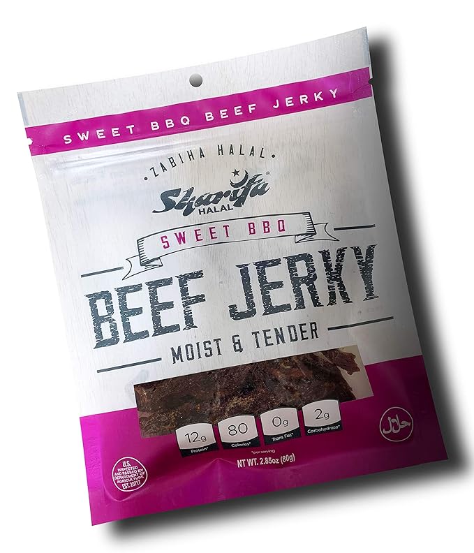 Sharifa Halal Beef Jerky Sweet BBQ (5 Pack) Each Bag 2.85 oz – Great Everyday Halal Jerky Beef Meat Snack 100 % Real Zabiha Halal Beef 12g of Protein 80 Calories 0g Trans Fat &amp 2g of Carboh