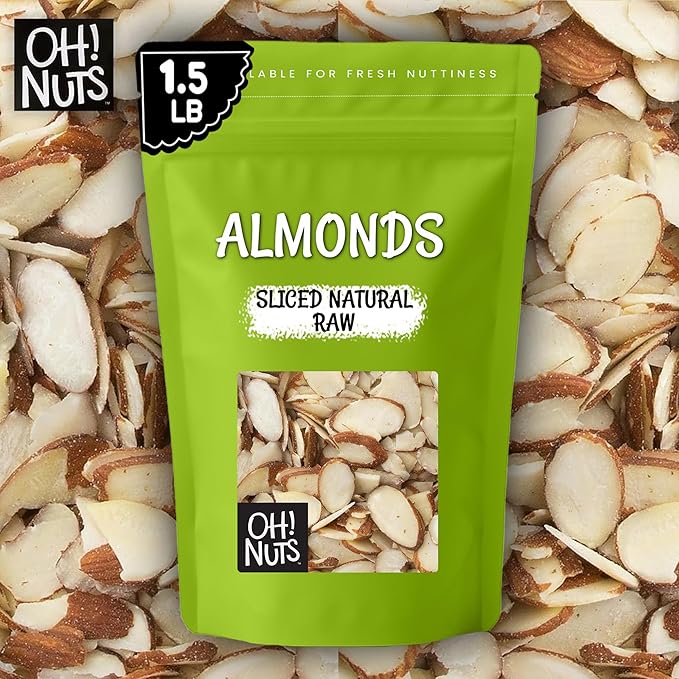 Oh! Nuts Raw Natural Sliced Almonds - 100% Natural - Sliced Almonds - 1.5 lb - Almonds Raw - Packed in New York Zip-Seal Bag for Exceptional Freshness