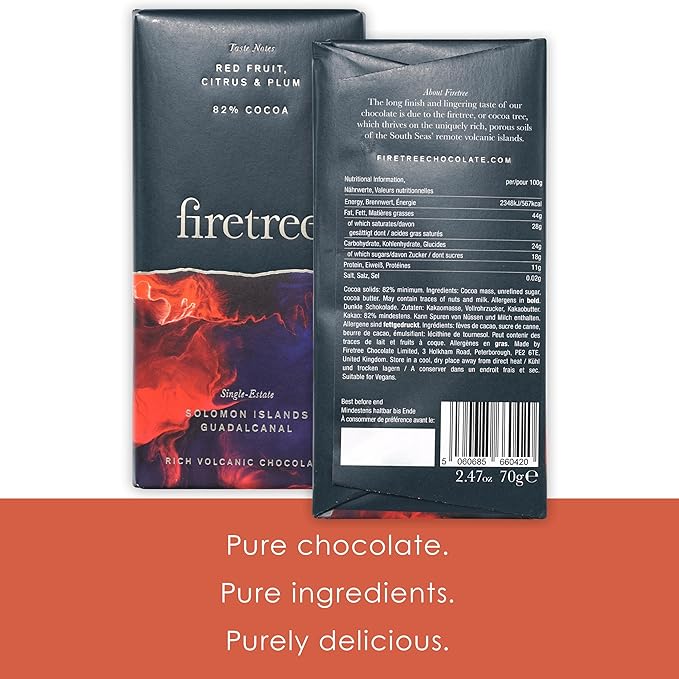 Firetree Solomon Island Guadalcanal 82% Dark Chocolate 3 Pack - UK Chocolate - Premium Craft Artisanal Direct-Trade Single-Origin Bean-to-bar - Vegan Keto Paleo Kosher Halal Soy-Free Gluten