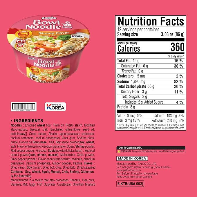 Paldo Fun &amp Yum Instant Cup Noodle Soup Bowl with Seafood Shrimp Flavored Broth Pack of 12 Best Oriental Style Korean Ramyun Most Loved Korean Noodles 팔도 새우 사발면 86g (3.03 oz) x 12