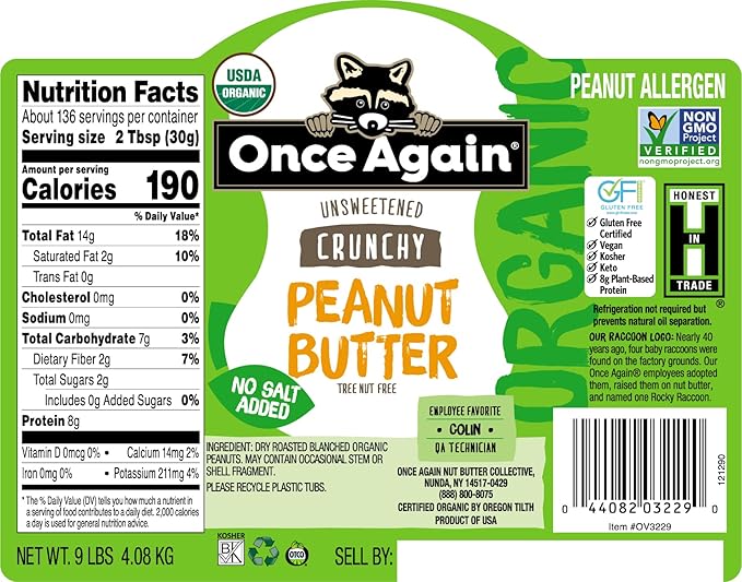 Once Again Organic Crunchy Peanut Butter 9lbs (same as 9 jars) - Salt Free Unsweetened - USDA Organic Gluten Free Certified Vegan Kosher