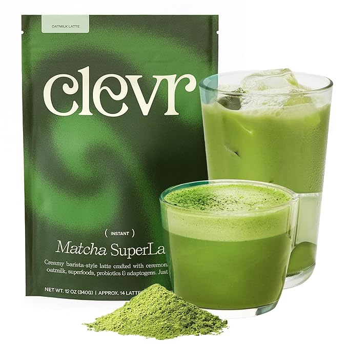 Clevr Matcha SuperLatte Instant Ceremonial Grade Superfood Powder Blend with Oat Milk Lions Mane Reishi Mushroom Coconut Cream Ashwagandha Serve Hot or Iced (14 Lattes)