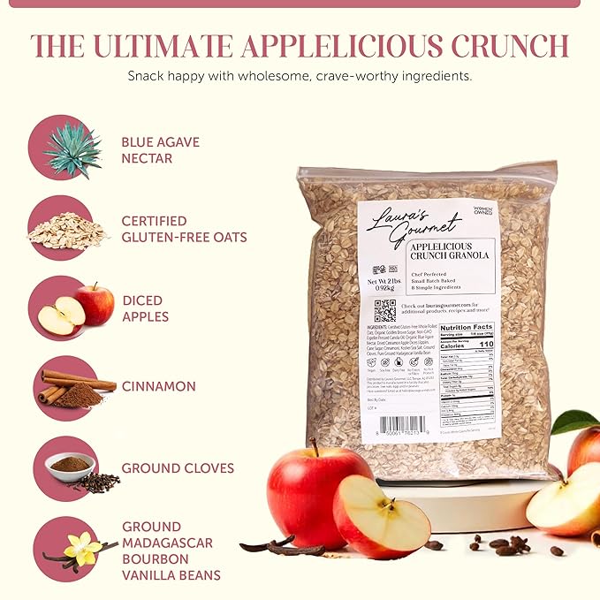 Laura's Gourmet Granola - AppleLicious Crunch - Gluten Soy &amp Dairy Free - Organic Agave Chewy Cinnamon Diced Apples Vegan Artisan Chef's Trifecta of Taste Texture &amp Mouthfeel - 2 LB