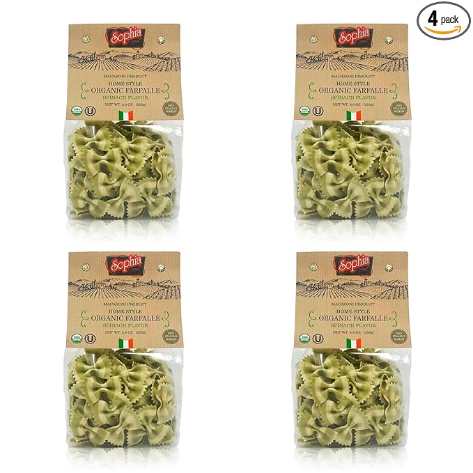 Sophia Foods Two-Color Farfalle Pasta Spinach Flavored 8.8oz Box (4-Pack) - Vibrant and Nutritious
