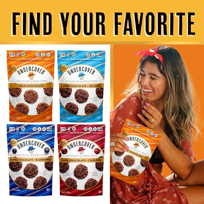 Undercover Snacks Chocolate Quinoa Crisps - Milk Chocolate | 7-Pack 3oz Bags of Mini Crisps | Gluten Free Nut-Free Allergen Friendly Kosher