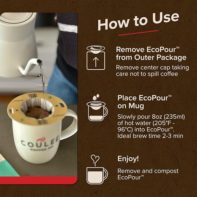 Coulée EcoPour She Devil Coffee Single Serve Pour Over Arabic Coffee Medium Roast Use for Camping or Traveling Pre Filled Compostable Filters Ready to Brew with Hot Water 20 Pack
