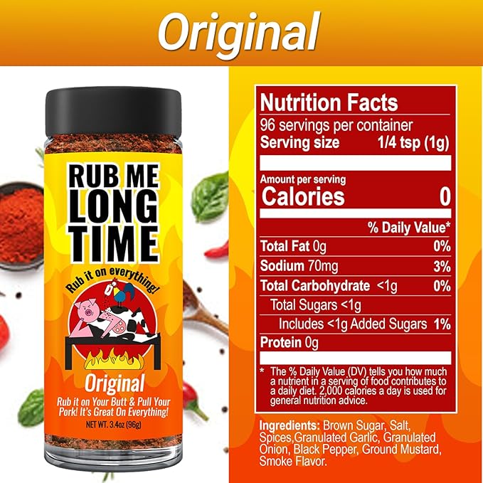 RUB ME LONG TIME (96g)| Sweet Salty &amp Spicy BBQ Rub | Original Smokin' Chipotle Extra Spicy | Perfect for Chicken Pork &amp Seafood