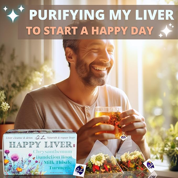 Dr. Lu’s Happy Liver Tea | 100% Natural Liver Cleanse Detox &amp Repair Tea Made in US | 11-Flavor Milk Thistle Turmeric Chrysanthemum Licorice Root Dandelion Root tea Blend for Liver Support