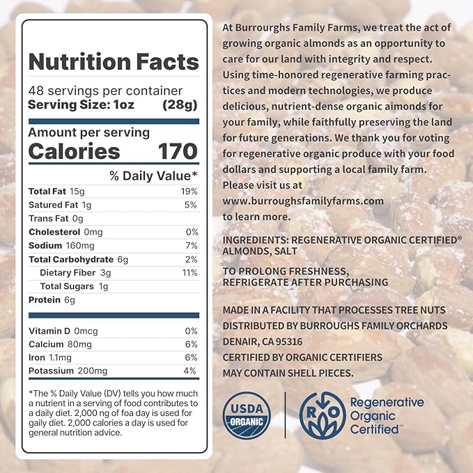 Burroughs Family Farms 3 lb Roasted Salted Almonds – USDA Organic First Regenerative Organic Certified Almond Farm – 2x the Antioxidants and Vitamin B Versus Other Almonds – Lightly Salted &amp Perf