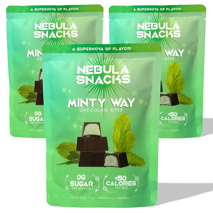 Nebula Snacks Minty Way Chocolate Bites – Zero Sugar Dark Chocolate Bites with Cool White Chocolate Mint Core Non-Glycemic Keto-Friendly Dairy-Free and Gluten-Free – 3 Pack