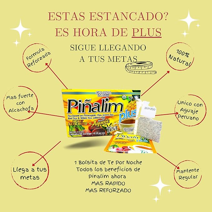 Pinalim Plus Tea Enhanced with Aguaje Peruano and Artichoke Heart la formula Original de Pinalim Mas Aguaje y Corazon de Alcachofa Mas Fuerte Healthy Antioxidant Formula Caffeine Free All Natural Cle