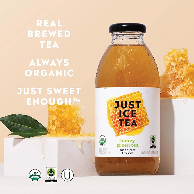 Just Ice Tea Organic Iced Tea 16 Fl Oz Glass Bottles (Honey Green Tea Pack of 12)