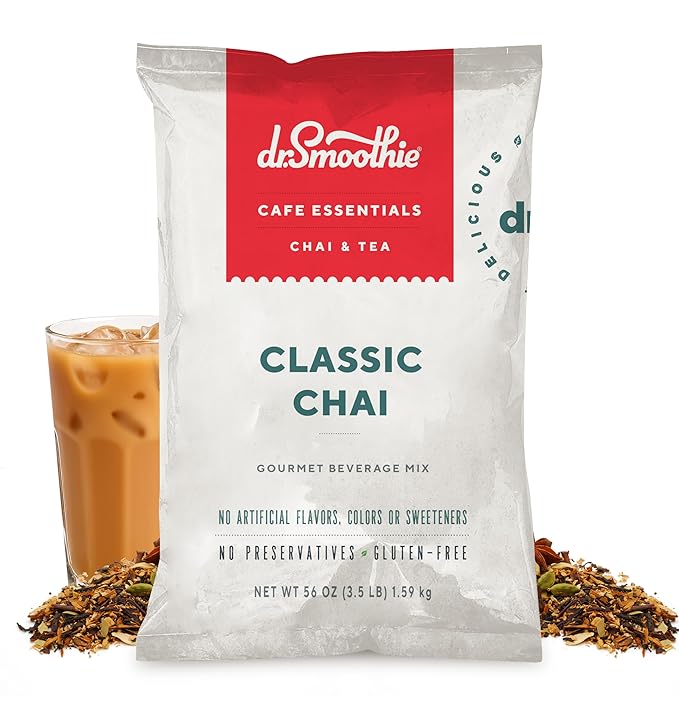 Dr. Smoothie Café Essentials Classic Chai – No Artificial Colors Flavors or Sweeteners – Shelf Stable – 62mg of Caffeine per Serving – Great for Hot Iced &amp Frozen Frappes (3.5 lb Bag 26 Servi