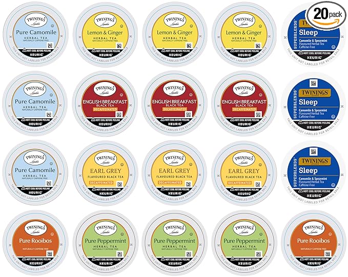 Twinings 20 Count Herbal &amp Decaffeinated Sampler Assorted Keurig 2.0 K-Cups – Perfect Gourmet Gift Set