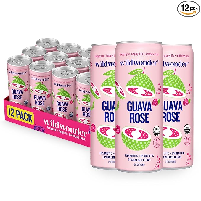 wildwonder Sparkling Probiotic Drink 12pk for Gut Health &amp Immune Support Guava Rose 5 G Prebiotic Fiber Live Probiotics Organic Vegan Low Sugar 12 Pack 12 Oz Can As Seen on Shark Tank