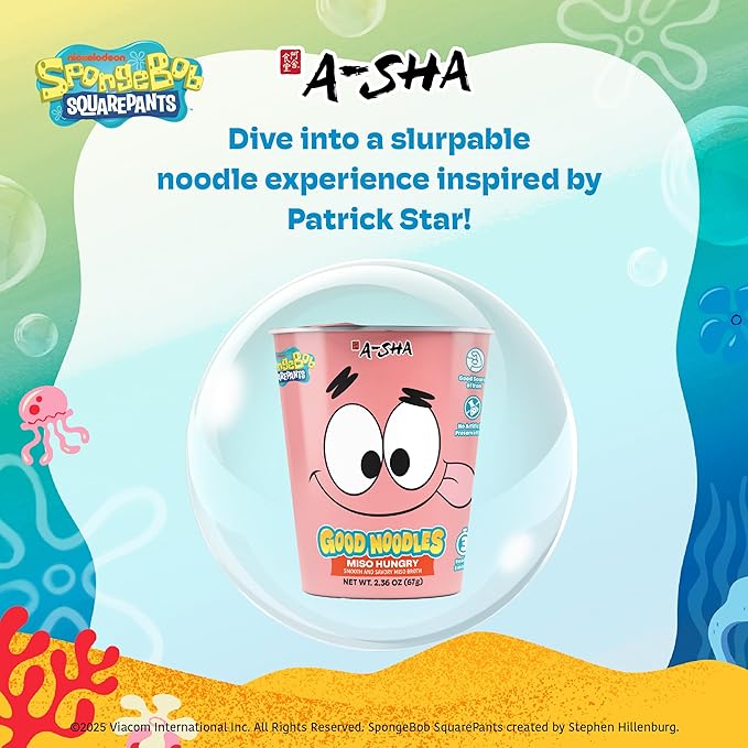 A-Sha &amp SpongeBob Squarepants Good Noodles (6 Pack) | Patrick Star Miso Hungry Flavor | Better For You Microwaveable Ramen Soup Mix