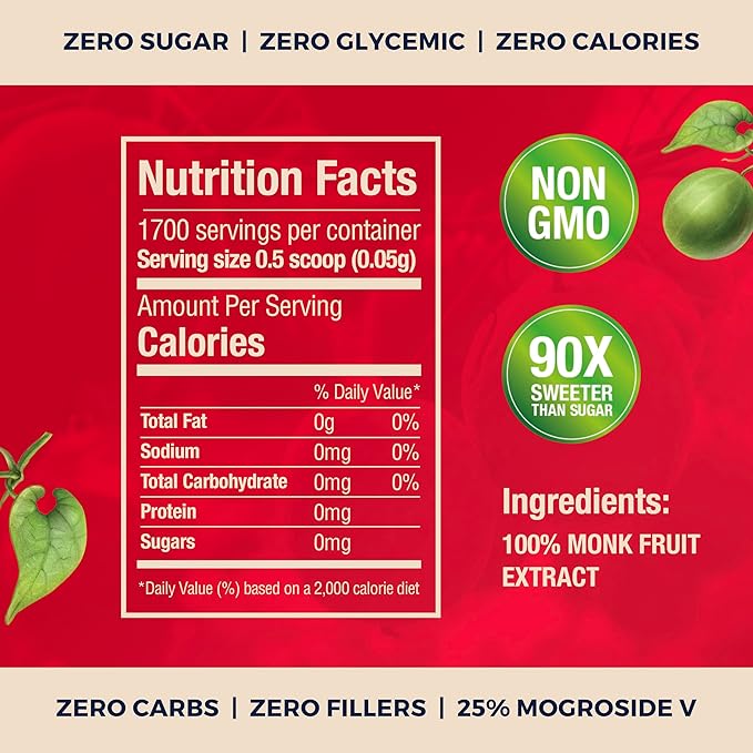 100% Monk Fruit Extract (90X Sweeter Than Sugar) Monk Fruit Sweetener No Erythritol Sugar Substitute Zero Calories Zero Glycemic Non-GMO 25% Mogroside V by Transparency Foods (3oz 1700 servings)