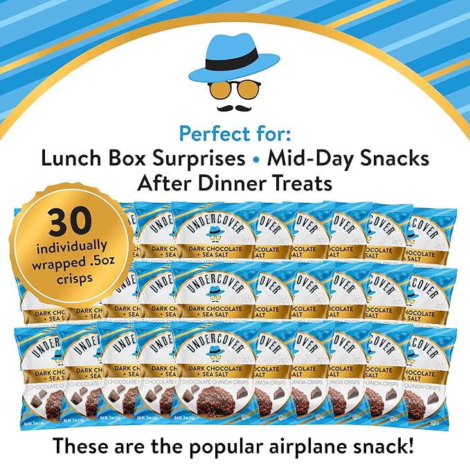 Undercover Snacks Chocolate Quinoa Crisps - Dark Chocolate + Sea Salt | 30-Count Individually Wrapped Crisps | Gluten Free Nut-Free Allergen Friendly Kosher Plant-Based AIRLINE SIZE