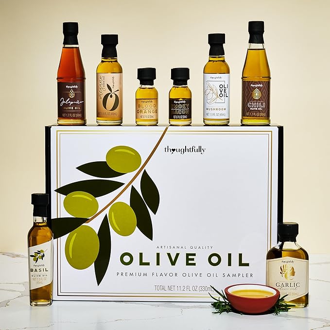 Thoughtfully Gourmet Olive Oil Sampler Gift Set Premium Extra-Virgin Olive Oil from Spain Natural Flavors Include Garlic Chili Smoky Bacon Mushroom Jalapeno and More Set of 8