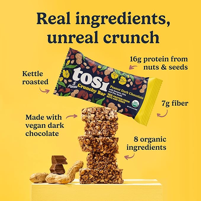 Tosi Meal Nut Bars Peanut Dark Chocolate Healthy Snacks for Adults &amp Kids Crunchy Plant Based Protein Bar (16G) Keto Snacks Vegan Gluten &amp Soy Free Low Sugar Omega 3s 2.4oz 12-Pack