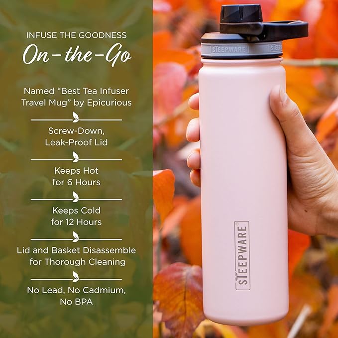 The Tea Spot Steepware Tea Tumbler Tea Thermos 22oz Violet- Travel Bottle with Tea Infuser for Loose Leaf Tea or Iced Coffee - Sleek Double-Walled Insulated Bottle
