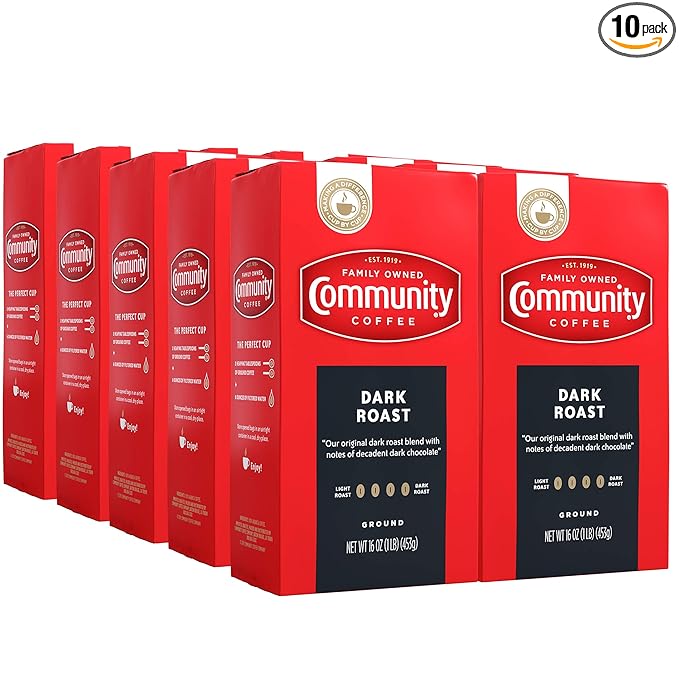 Community Coffee Dark Roast Ground CoffeeVacuum Packed 16 Ounce Bags (Pack of 10)