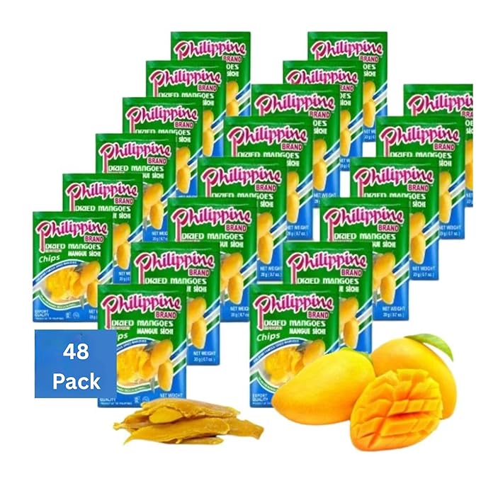 Philippine Brand Dried Mangoes Fruit Snacks- All Naturally Gluten Free Vegan Hand-Selected Delicious Fresh Mangos from Philippines Grab and Go Perfect for Office &amp School Food (.7oz (48 pack))