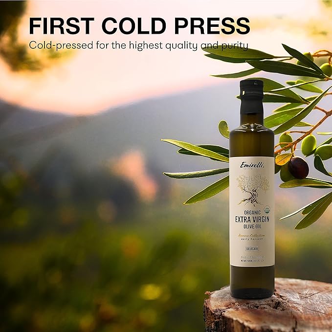 Emirelli Organic Extra Virgin Olive Oil - USDA Certified Rich in Polyphenols First Cold Pressed - Early Harvest Smooth Intense and Delicate Flavor - Glass Bottle 16.9 Fl Oz (Organic Delicate Inte
