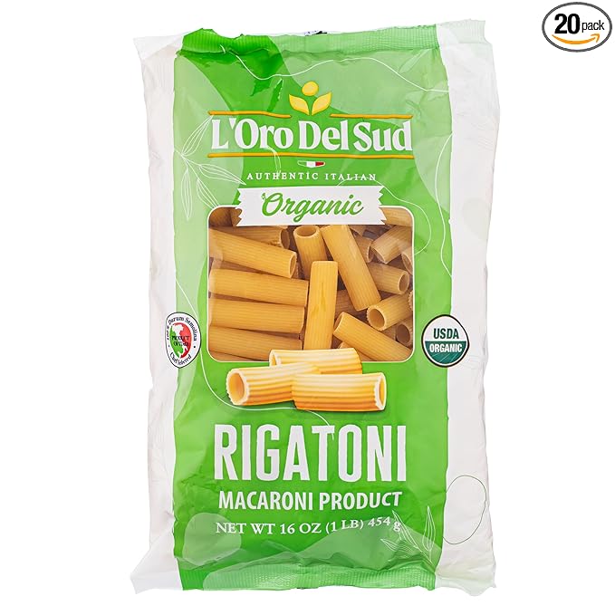 Organic Rigatoni Pasta (16 oz x 20 Pack) Italian Pasta Durum Wheat Premium Quality Product of Italy L'Oro del Sud