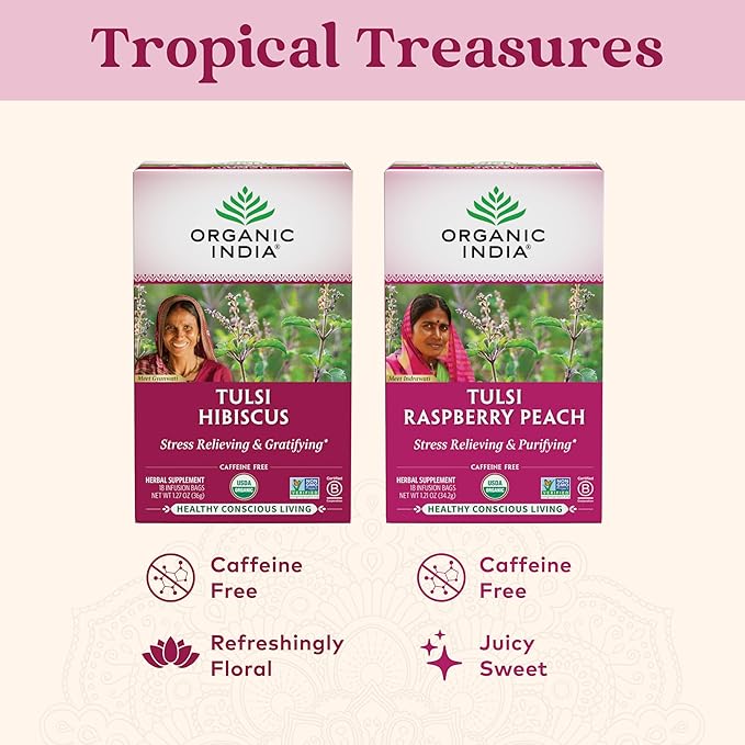 ORGANIC INDIA Tulsi Hibiscus Tea Bags - Holy Basil Herbal Tea Stress Relieving Calming Immune Support USDA Organic Caffeine Free -18 Bags 3 Pack