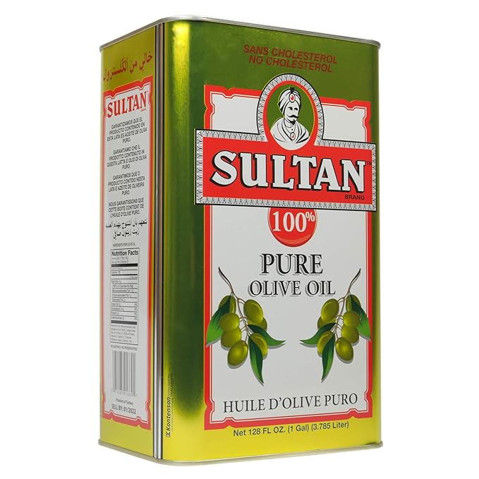Sultan Premium Pure Olive Oil – First Cold-Pressed Rich Fruity Flavor – Cholesterol-Free Culinary &amp Skincare POO – Ideal for Salads Sautéeing Dips – Imported from Turkey – 128 FL. OZ