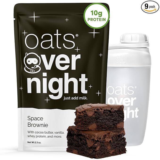 Oats Overnight Space Brownie - Overnight Oats with 10g Whey Protein High Fiber Breakfast Protein Shake - Gluten Free Oatmeal Non GMO High Protein Oatmeal (2.3 oz per Meal) (8 Pack + Bottle)