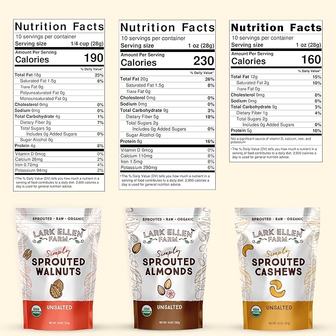 Lark Ellen Farm Sprouted Organic Nuts Variety Pack – Almonds Walnuts &amp Cashews – Raw Vegan Gluten-Free Non-GMO Clean Label Snacks (1 Bag Each 10 oz)