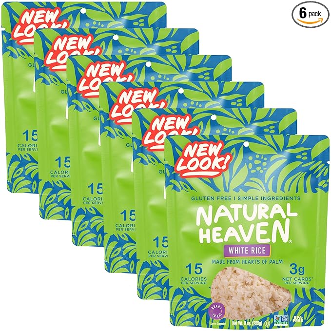 Natural Heaven White Rice Hearts of Palm 6-Pack – Naturally Rich in Potassium Low-Calorie Veggie Rice Keto &amp Gluten-Free Food Vegan 9 Oz Ea
