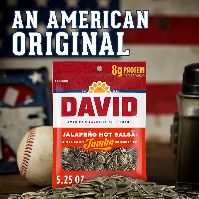 DAVID SEEDS Roasted and Salted Jalapeño Hot Salsa Jumbo Sunflower Seeds Keto Friendly 5.25 oz 12 Pack