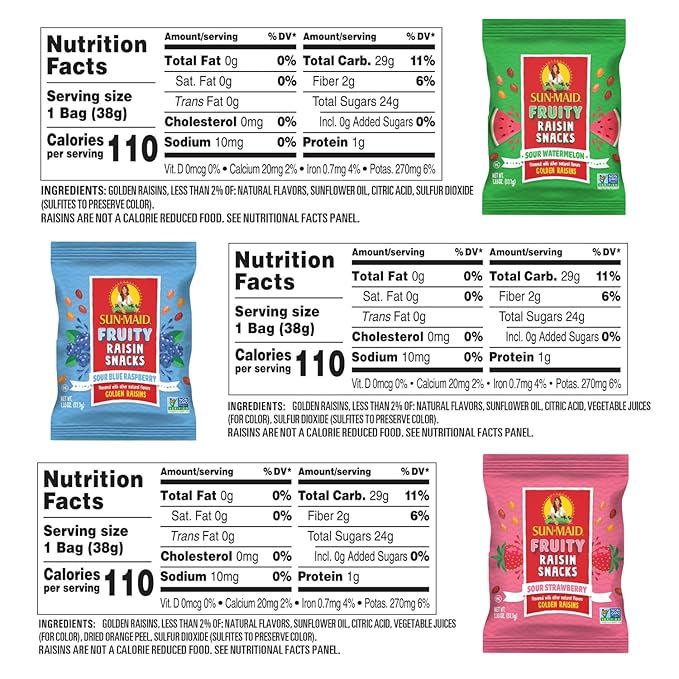 Sun-Maid Fruity Raisin Snack Variety Pack - Sour Strawberry Watermelon &amp Blue Raspberry - (24 Pack) 1.33 oz Pouches