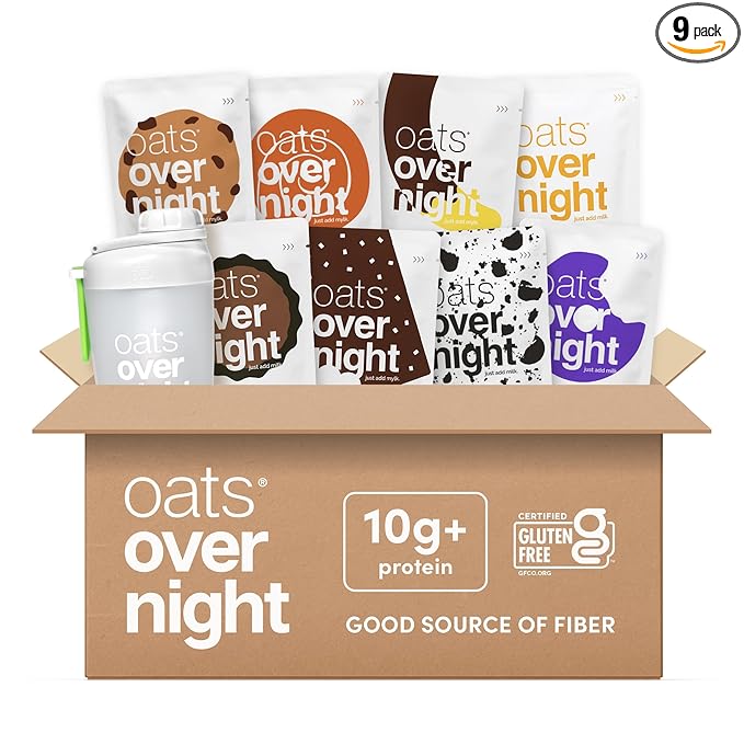 Oats Overnight Dessert Variety Pack - High Protein High Fiber Breakfast Protein Shake - Gluten Free Non GMO Protein Oatmeal - Salted Toffee Chocolate Satin Pie &amp More (8 Pack + Shaker Bottle)